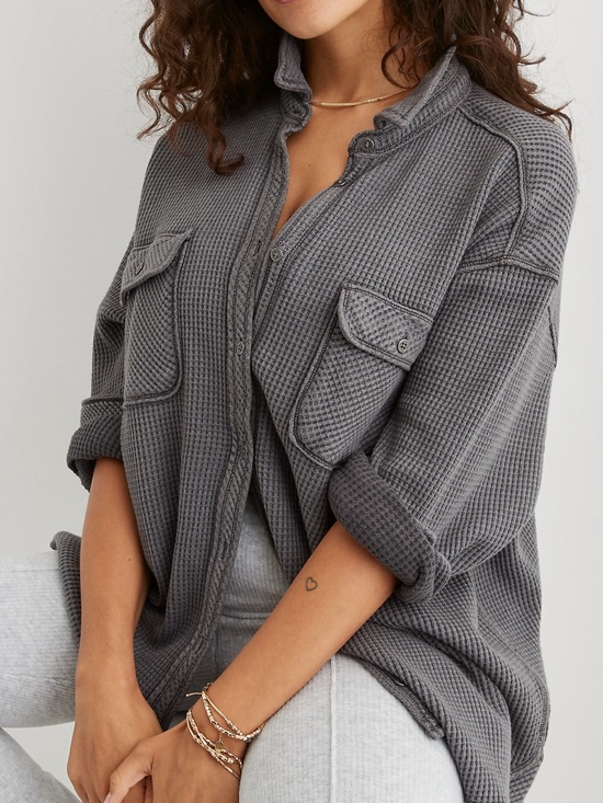 aerie Tops - Aerie LumberJane Waffle Knit Shirt Charcoal Grey Oversized Button Down XL